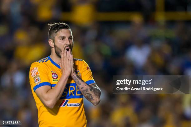 Andre-Pierre Gignac of Tigres reacts during the 15th round match between Tigres UANL and Cruz Azul as part of the Torneo Clausura 2018 Liga MX at...