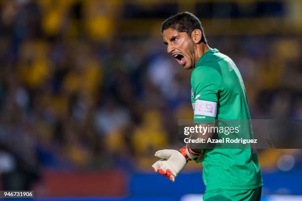 Jesus Corona, goalkeeper of Cruz Azul, reacts during the 15th round match between Tigres UANL and Cruz Azul as part of the Torneo Clausura 2018 Liga...