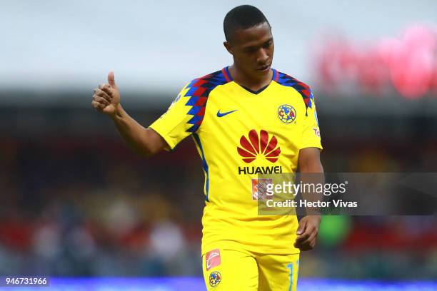 Andres Ibarguen of America gestures during the 15th round match between America and Monterrey as part of the Torneo Clausura 2018 Liga MX at Azteca...