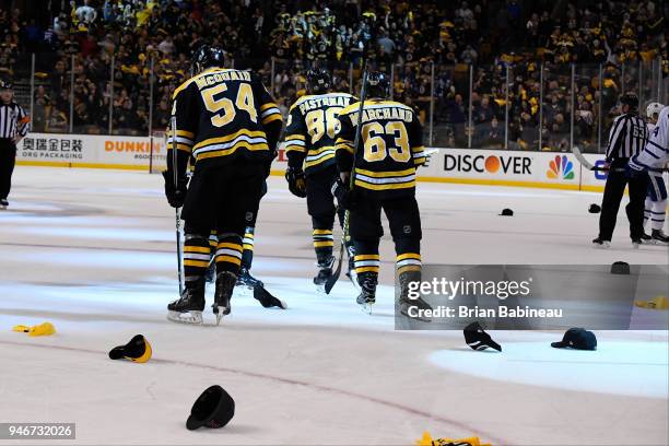 David Pastrnak of the Boston Bruins scores three goals against the Toronto Maple Leafs during the First Round of the 2018 Stanley Cup Playoffs at the...