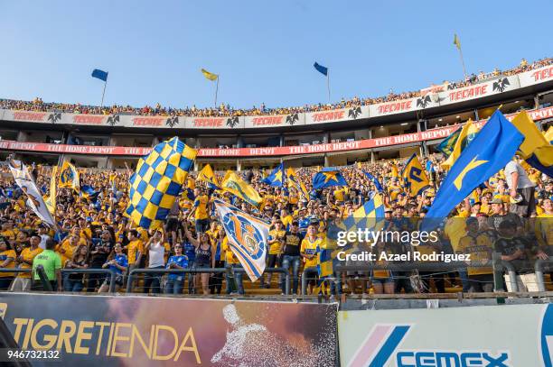 Fans of Tigres cheer the team during the 15th round match between Tigres UANL and Cruz Azul as part of the Torneo Clausura 2018 Liga MX at...