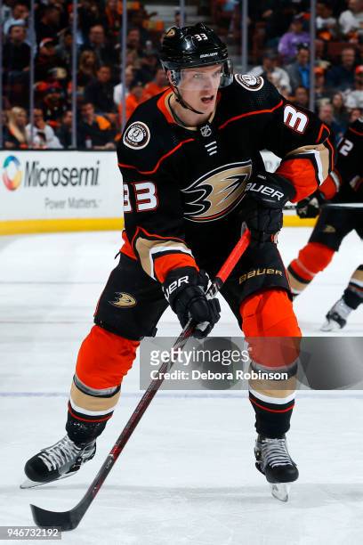 Jakob Silfverberg of the Anaheim Ducks skates with the puck in Game One of the Western Conference First Round against the San Jose Sharks during the...
