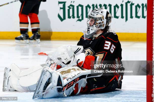 John Gibson of the Anaheim Ducks reacts to a San Jose Sharks goal in Game One of the Western Conference First Round during the 2018 NHL Stanley Cup...