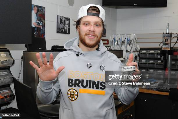 David Pastrnak of the Boston Bruins scores 3 goals against Toronto Maple Leafs during the First Round of the 2018 Stanley Cup Playoffs at the TD...