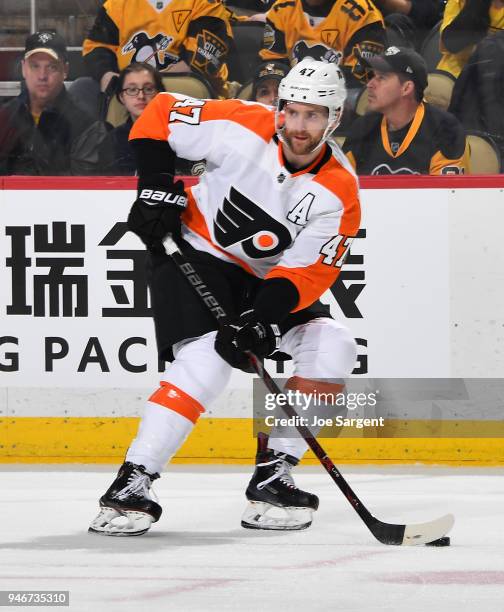 Andrew MacDonald of the Philadelphia Flyers skates against the Pittsburgh Penguins in Game One of the Eastern Conference First Round during the 2018...