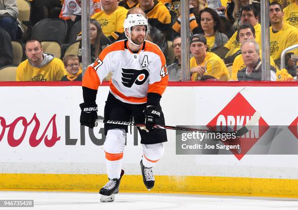 Andrew MacDonald of the Philadelphia Flyers skates against the Pittsburgh Penguins in Game One of the Eastern Conference First Round during the 2018...