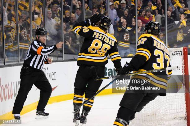 David Pastrnak of the Boston Bruins celebrates his goal against the Toronto Maple Leafs during the First Round of the 2018 Stanley Cup Playoffs at...