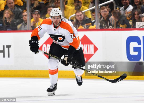 Brandon Manning of the Philadelphia Flyers skates against the Pittsburgh Penguins in Game One of the Eastern Conference First Round during the 2018...
