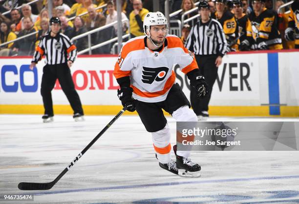 Scott Laughton of the Philadelphia Flyers skates against the Pittsburgh Penguins n Game One of the Eastern Conference First Round during the 2018 NHL...