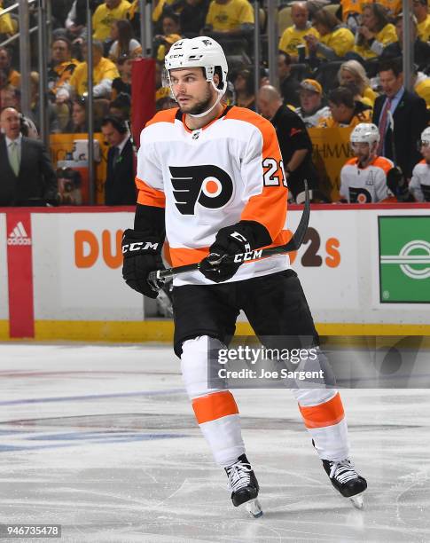 Scott Laughton of the Philadelphia Flyers skates against the Pittsburgh Penguins n Game One of the Eastern Conference First Round during the 2018 NHL...