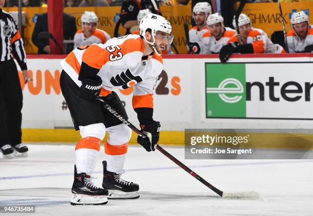 Shayne Gostisbehere of the Philadelphia Flyers skates against the Pittsburgh Penguins in Game One of the Eastern Conference First Round during the...