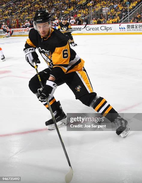 Jamie Oleksiak of the Pittsburgh Penguins skates against the Philadelphia Flyers in Game One of the Eastern Conference First Round during the 2018...