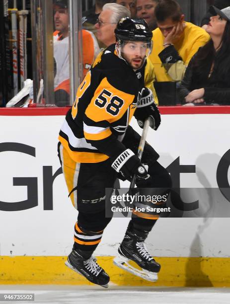 Kris Letang of the Pittsburgh Penguins skates against the Philadelphia Flyers in Game One of the Eastern Conference First Round during the 2018 NHL...