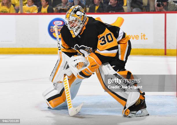 Matt Murray of the Pittsburgh Penguins defends the net against the Philadelphia Flyers in Game One of the Eastern Conference First Round during the...