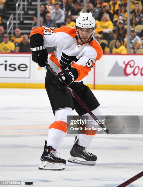 Shayne Gostisbehere of the Philadelphia Flyers skates against the Pittsburgh Penguins in Game One of the Eastern Conference First Round during the...