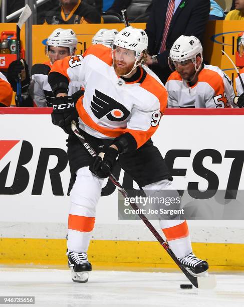 Jakub Voracek of the Philadelphia Flyers skates against the Pittsburgh Penguins in Game One of the Eastern Conference First Round during the 2018 NHL...