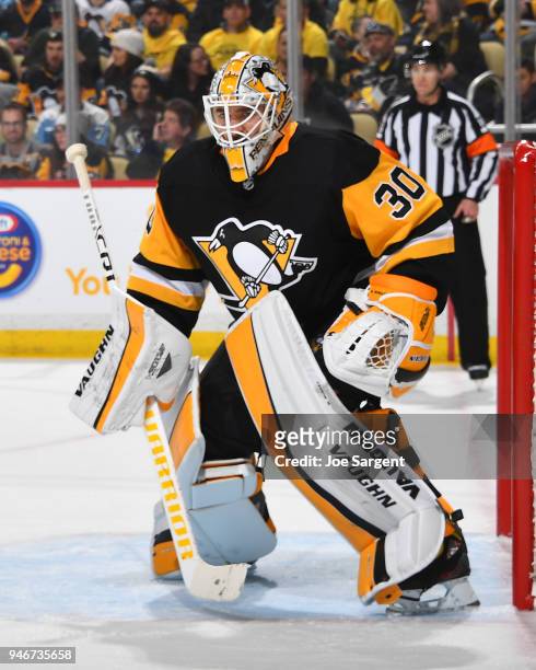 Matt Murray of the Pittsburgh Penguins defends the net against the Philadelphia Flyers in Game One of the Eastern Conference First Round during the...