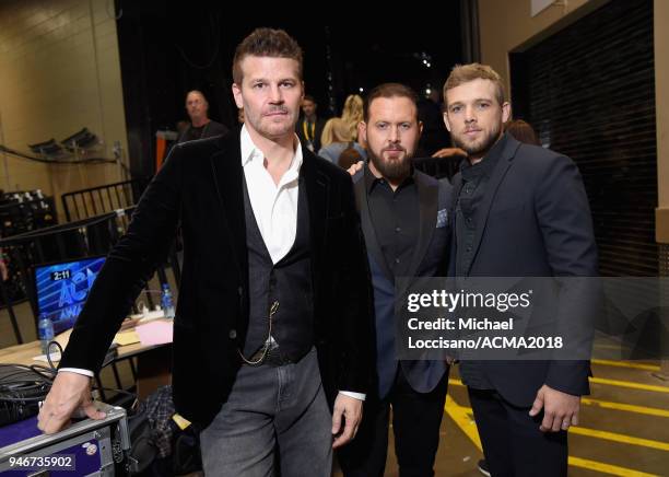 David Boreanaz, AJ Buckley, and Max Thieriot attend the 53rd Academy of Country Music Awards at MGM Grand Garden Arena on April 15, 2018 in Las...