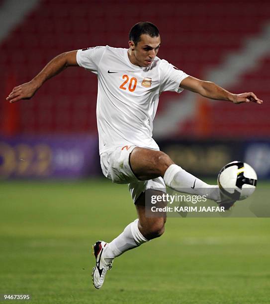 Qatari Umm Salal club's player Jawad Ahnash kicks the ball during his team's Qatar Starts League football match against Al-Arabi club in Doha on...