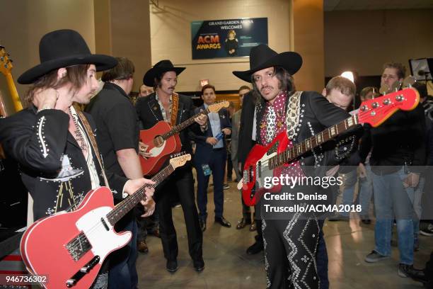 Jess Carson, Mark Wystrach, and Cameron Duddy of Midland attend the 53rd Academy of Country Music Awards at MGM Grand Garden Arena on April 15, 2018...