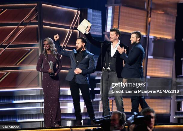 Buckley, David Boreanaz and Max Thieriot speak onstage at the 53rd Academy of Country Music Awards at MGM Grand Garden Arena on April 15, 2018 in Las...