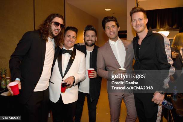 Julian Bunetta, Guest, Shay Mooney, Dan Smyers, and Tyler Hubbard attend the 53rd Academy of Country Music Awards at MGM Grand Garden Arena on April...