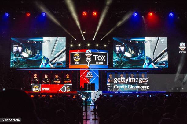 Screens showing game action are displayed on stage during the grand final game between teams Tox and Splyce at the Halo World Championship finals in...