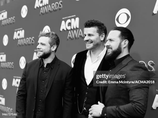 Max Thieriot, David Boreanaz, and AJ Buckley attend the 53rd Academy of Country Music Awards at MGM Grand Garden Arena on April 15, 2018 in Las...