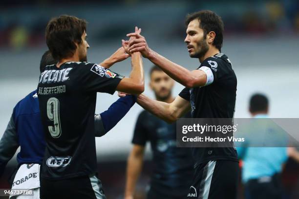 Lucas Albertengo and Jose Basanta of Monterrey celebrate at the end of the 15th round match between America and Monterrey as part of the Torneo...