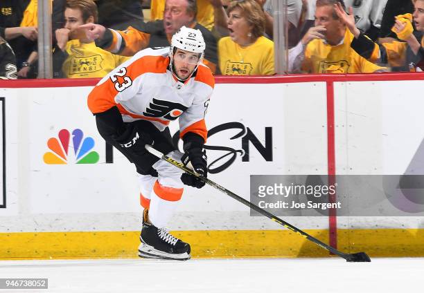 Brandon Manning of the Philadelphia Flyers skates against the Pittsburgh Penguins in Game Two of the Eastern Conference First Round during the 2018...
