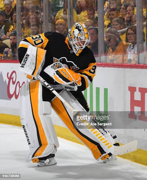 Matt Murray of the Pittsburgh Penguins defends the net against the Philadelphia Flyers in Game Two of the Eastern Conference First Round during the...