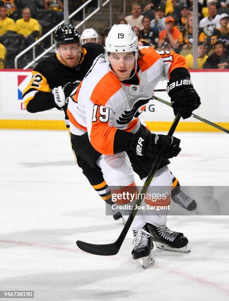 Nolan Patrick of the Philadelphia Flyers skates against the Pittsburgh Penguins in Game Two of the Eastern Conference First Round during the 2018 NHL...