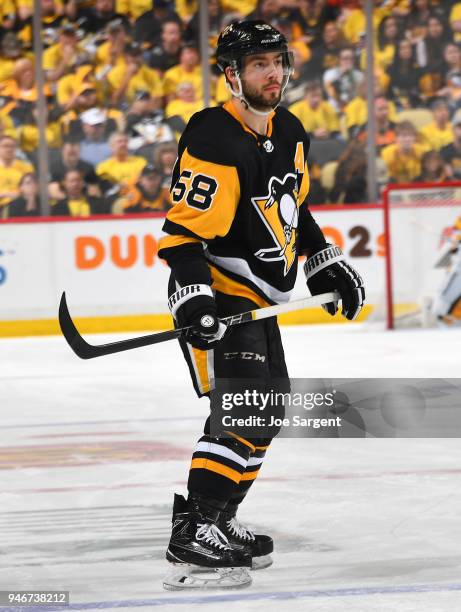 Kris Letang of the Pittsburgh Penguins skates against the Philadelphia Flyers in Game Two of the Eastern Conference First Round during the 2018 NHL...