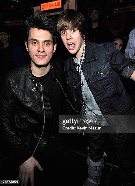 John Mayer and Justin Bieber attends Z100's Jingle Ball 2009 presented by H&M at Madison Square Garden on December 11, 2009 in New York City.