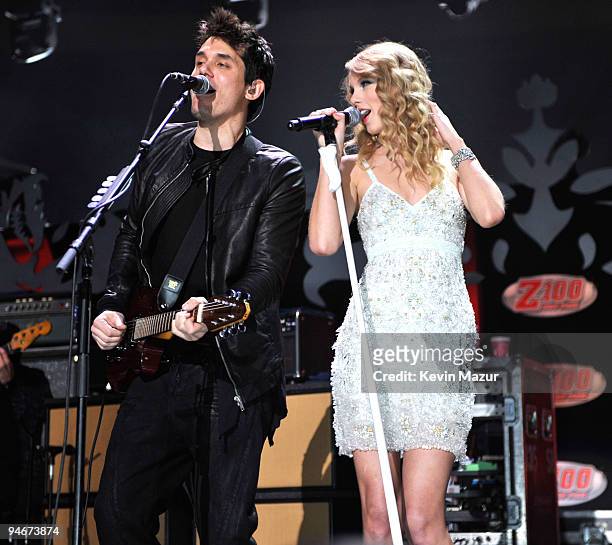 John Mayer and Taylor Swift performs onstage during Z100's Jingle Ball 2009 presented by H&M at Madison Square Garden on December 11, 2009 in New...