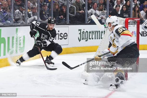 Alec Martinez of the Los Angeles Kings handles the puck against the Vegas Golden Knights in Game Three of the Western Conference First Round during...