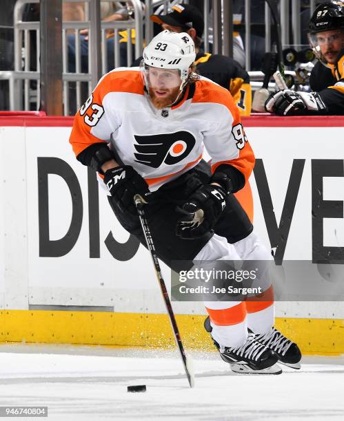 Jakub Voracek of the Philadelphia Flyers skates against the Pittsburgh Penguins in Game Two of the Eastern Conference First Round during the 2018 NHL...