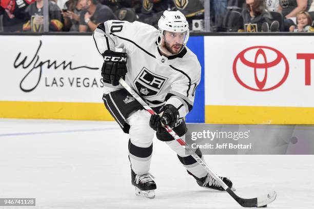 Tobias Rieder of the Los Angeles Kings skates with the puck against the Vegas Golden Knights in Game Two of the Western Conference First Round during...