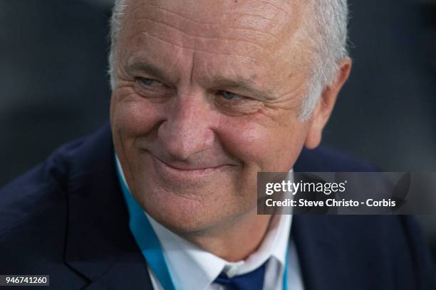 Head Coach Graham Arnold of Sydney smiles as the team run on to the field during the round 27 A-League match between the Sydney FC and the Melbourne...