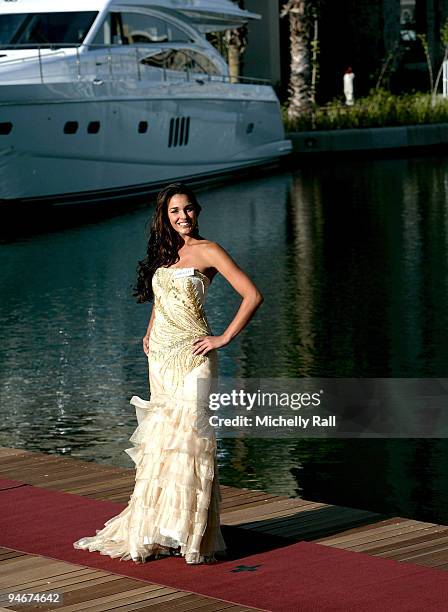 World Cup 2010 Miss World contestant, Miss Gibraltar Kaiane Aldorino takes part in a photocall at the One and Only Hotel on December 3, 2009 in Cape...