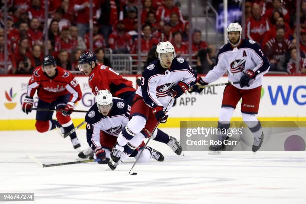 Artemi Panarin of the Columbus Blue Jackets skates with the puck against the Washington Capitals in the first period during Game Two of the Eastern...
