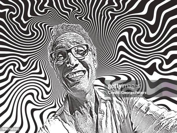 stockillustraties, clipart, cartoons en iconen met grappige selfie van gelukkig man en psychedelische achtergrond - dynamic portrait