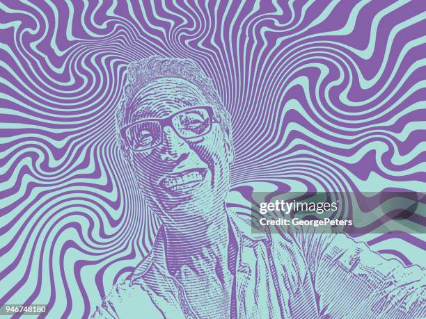 funny selfie of happy man and psychedelic background - close up man laughing stock illustrations