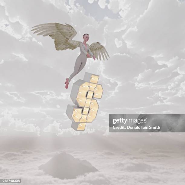 angel investor with floating dollar sign flying in cloudy sky - angel investor stock-fotos und bilder