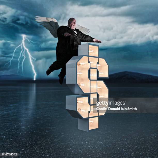 overweight man in business suit with wings and floating dollar sign - fat cat stock pictures, royalty-free photos & images