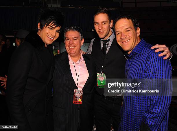 Adam Lambert, Z100 DJ Elvis Duran, guest, and Z100 DJ Froggy attend Z100's Jingle Ball 2009 presented by H&M at Madison Square Garden on December 11,...