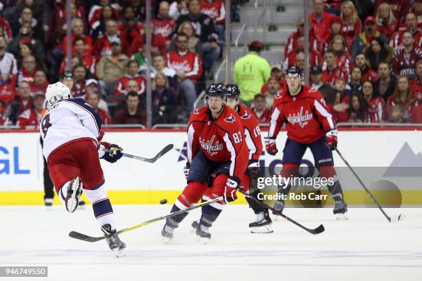 Zach Werenski of the Columbus Blue Jackets shoots and scores a goal against the Washington Capitals during Game Two of the Eastern Conference First...