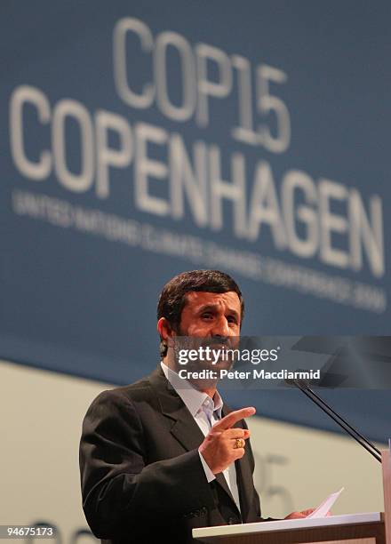 Iranian President Mahmoud Ahmadinejad addresses delegates at the UN Climate Change Conference on December 17, 2009 in Copenhagen, Denmark....