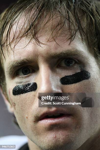 Drew Brees of the New Orleans Saints is interviewed after the game against the Atlanta Falcons at the Georgia Dome on December 13, 2009 in Atlanta,...