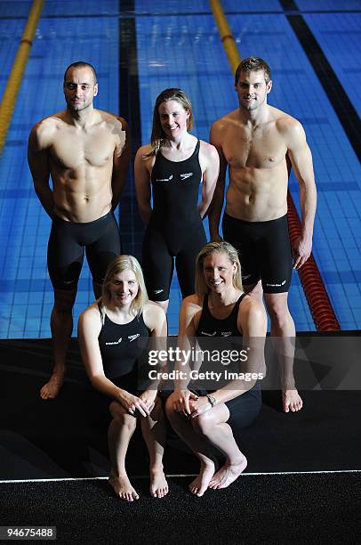 James Goddard , Elizabeth Simmonds and Liam Tancock, Rebecca Adlington and Gemma Spofforth pose together during media previews to the Duel in the...